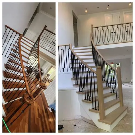 Before-and-after of a curved staircase renovation — dark oak with a twisted-iron railing updated to light oak treads with a scrollwork iron railing pattern